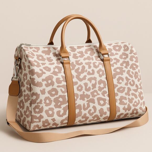 Cream & Brown Leopard Weekender Bag • Travel Duffel Tote • Overnight Carry On - Picture 1 of 7